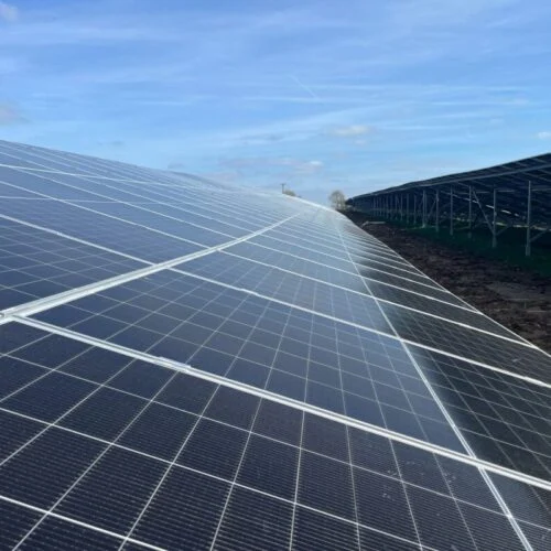 a close up of solar panels from a low side on angle
