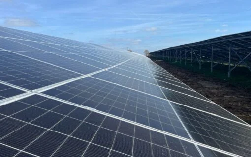 a close up of solar panels from a low side on angle
