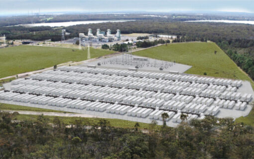 an overhead view of a BESS project surrounded by green fields