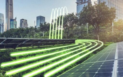 electric green digital lines across a cityscape