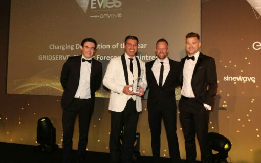 GRIDSERVE collecting their award at the 2021 EVIE awards. Image: Gareth Davies/Solar Media.