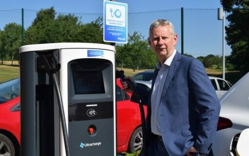 AA president Edmund King at a bp pulse chargepoint in 2018. Image: bp pulse