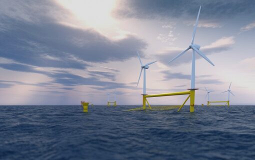 Floating offshore wind turbines under a cloudy sky