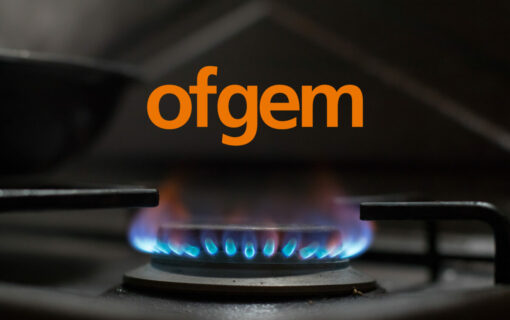 Orange ofgem text over a blue gas stove