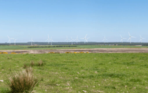 A wide view of a landscape with wind turbines edited in