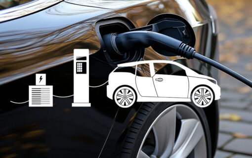 white graphics of an EV over a photograph of an EV plugged into a charger
