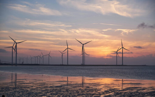 Image of wind farm from shoreline at sundown