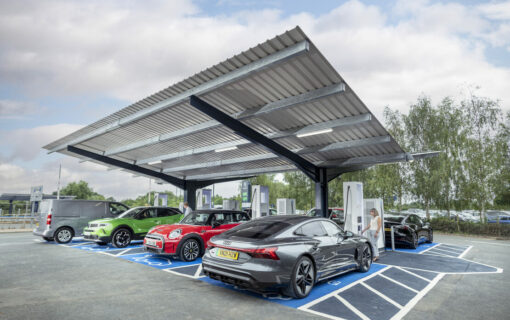 The EV charging HyperHub utilises solar canopies along with battery storage. Image: GridBeyond.