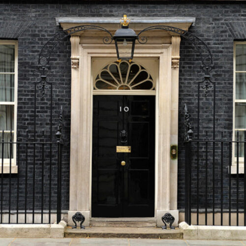 Image of the front door of number 10 Downing Street, London.