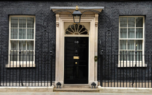 Image of the front door of number 10 Downing Street, London.