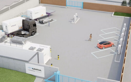 A graphic of what the EV and green hydrogen forecourt at the MIRA Technology Park will look like. Image: Octopus.