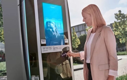 A woman smiles as she taps a card on an EV chargepoint