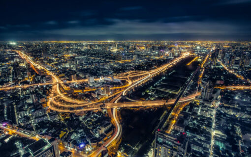 Cityscape Bangkok downtown at night, from the top of BAIYOKE Sky, Thailand. and technique long exposure and HDR filter.