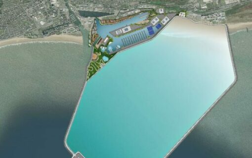 The 9.5km lagoon structure will include state-of-the-art underwater turbines generating 320MW of electricity. Image: Swansea Council.