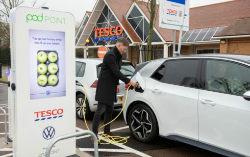 Tesco, Pod Point and Volkswagen started rolling out EV chargers in 2019. Image: Pod Point.