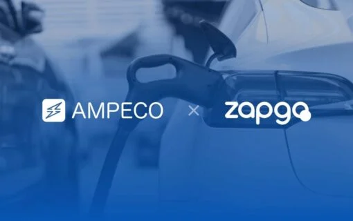 an image of an ev charger plugged into a car with the ampeco and zapgo logos on top