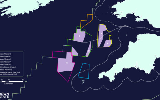 The Crown Estate's current scenario of four Project Development Areas (PDAs) located within the Refined Areas of Search A and B. Image: Crown Estate