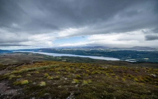 a wide view of a beautiful gloomy loch