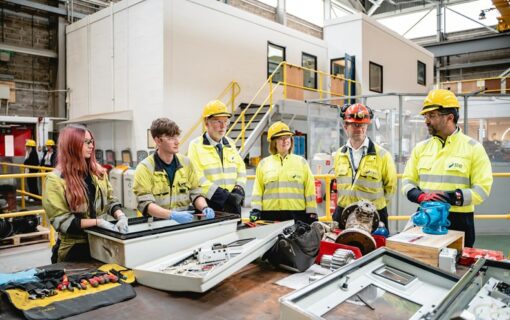 Scottish First Minister Humza Yousaf with apprentices at SSE Thermal's power station. Image: SSE