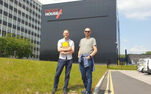 Founders Russell Murchie and Matthew Whitefoot outside the Energy House test facility in Salford.