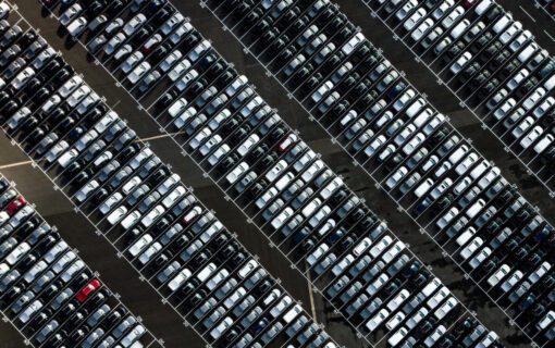 Overhead image of new car lot.