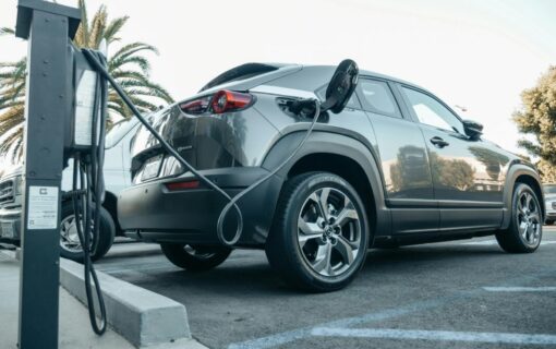 A grey car plugged into an outdoor EV charger with palm trees behind