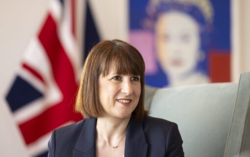 Rachel Reeves, a white woman with short dark hair in a bob, sits facing slightly away from camera