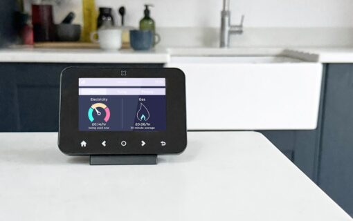 a smart meter on a kitchen sideboard