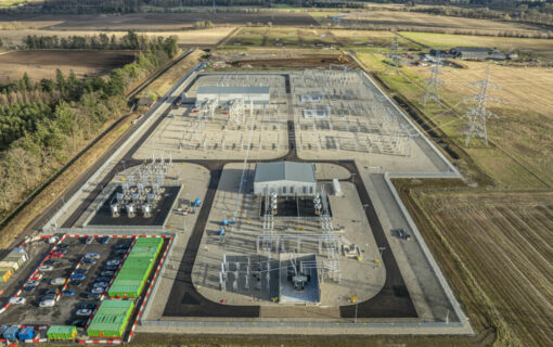 Aerial shot of a substation in a field