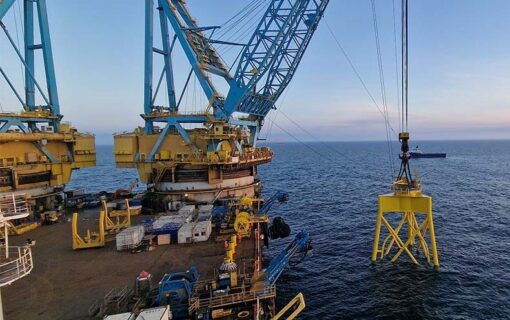 Foundation installation at the Seagreen Wind Farm site, 27 kilometres off the coast of the county of Angus in Scotland Credit: SSE Renewables