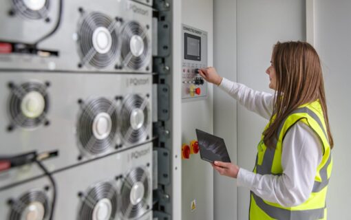 A woman and an energy storage system.