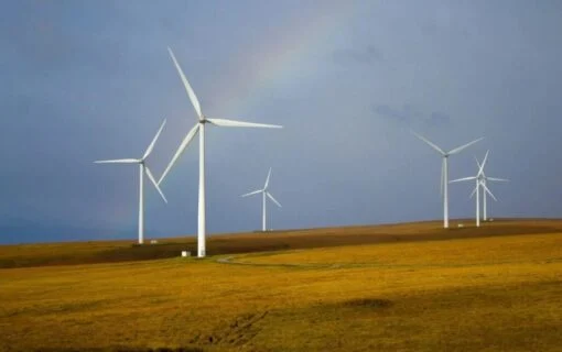 wind turbines below a rainbow
