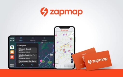 a phone, an in car display, and two orange cards on a white background under the zapmap logo